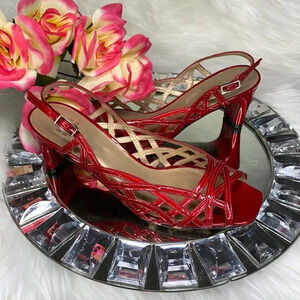 Stuart Weitzman Red Patent Cut Out Leather Open Toe Sandal Heels